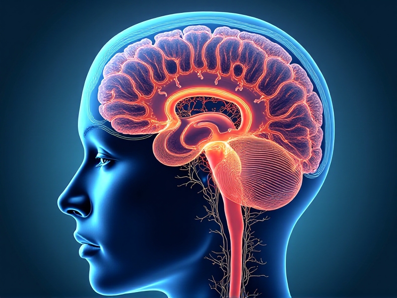 A detailed illustration of the brain's neural pathways, highlighting the trigeminal nerve and other structures involved in migraine generation. The image uses vibrant colors to differentiate between various neural circuits, with a focus on the pathways targeted by MRI-guided cryotherapy. The background features a soft, gradient blue tone, creating a visually appealing and informative representation of the brain's complexity.