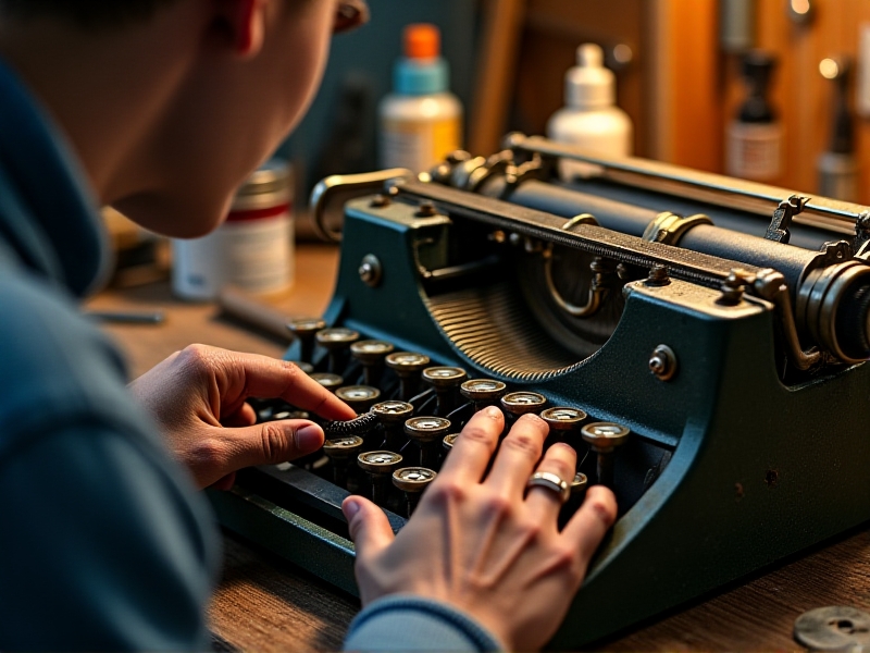 A close-up photo of a technician using pliers to adjust a bent typebar on an antique typewriter. The workspace is cluttered with tools and cleaning supplies, with warm lighting creating a focused and industrious atmosphere.