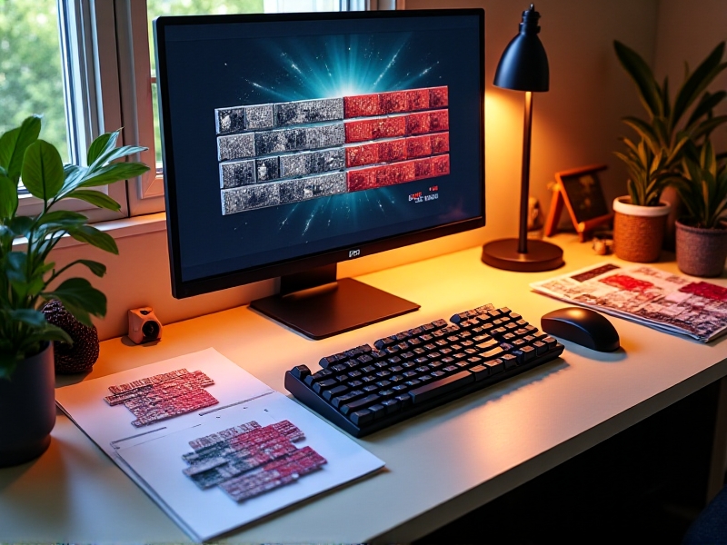 A designer’s workspace with a computer screen displaying a digital mockup of a keycap set, surrounded by color swatches, sketches, and a physical keyboard for reference, lit by warm, focused lighting to create an inspiring atmosphere.