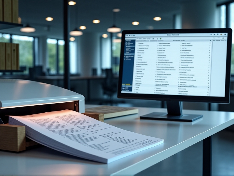 A modern office setup featuring a high-resolution scanner, a computer running OCR software, and a neatly organized stack of typewritten documents, emphasizing the technological tools used in batch processing.