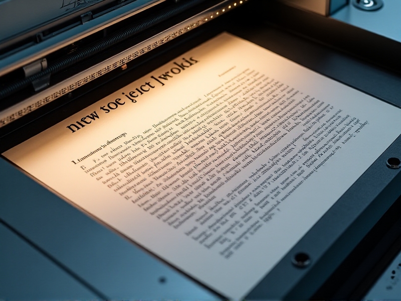 A high-resolution scanner in operation, capturing a detailed image of a typewritten document with visible text alignment and spacing, under bright, even lighting to ensure clarity.