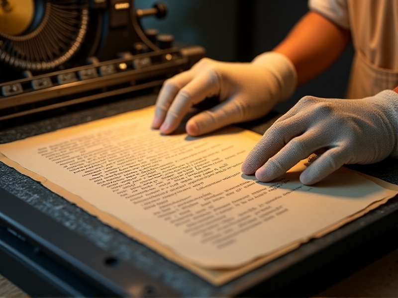 A close-up view of hands carefully aligning a vintage typewritten document on a flatbed scanner, with soft lighting emphasizing the texture and age of the paper.
